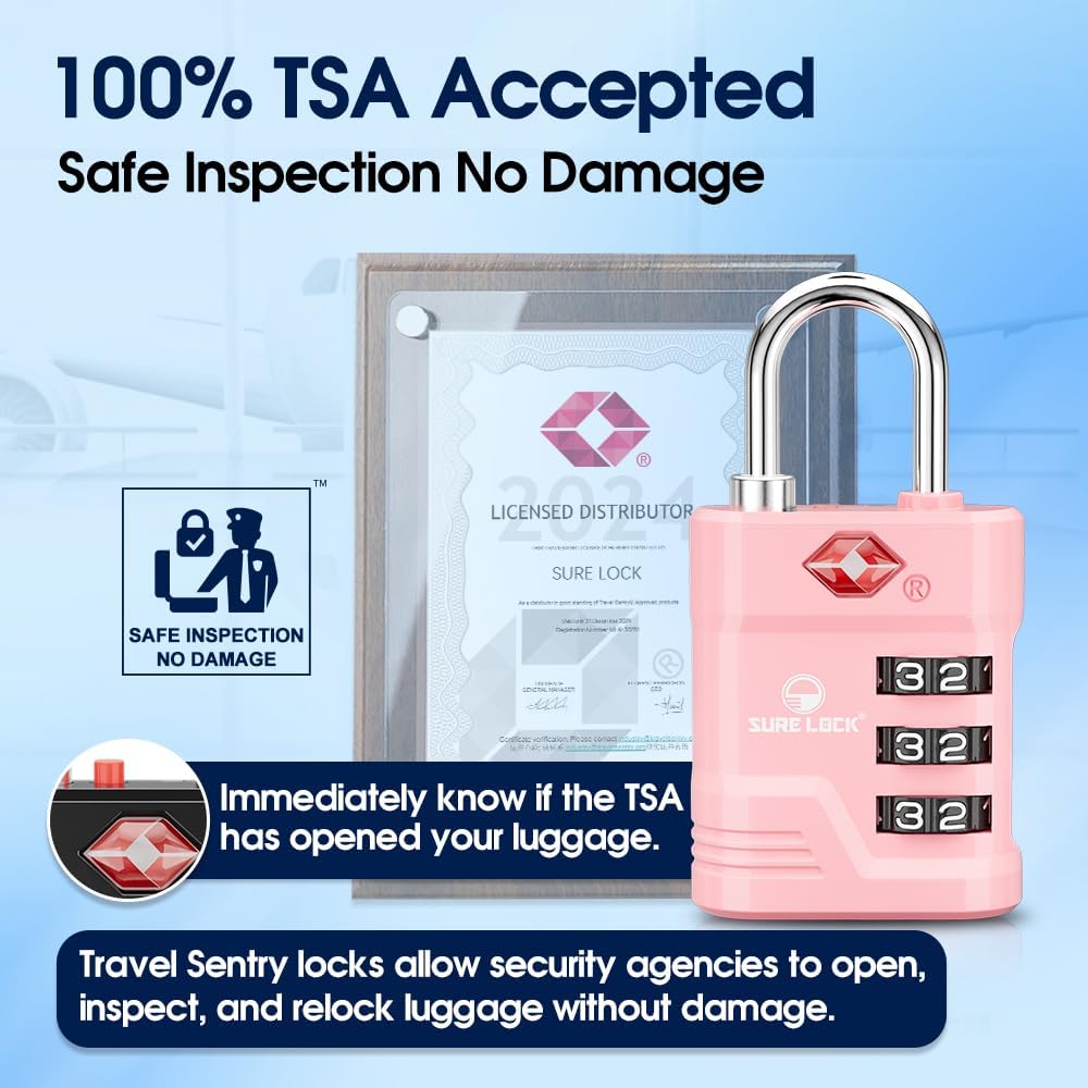 SURE LOCK TSA Locks for Luggage, TSA Approved Luggage Locks with Open Alert, 008 Key for High Security, Easy Read Dials, Zinc Alloy Body, Locker Lock for Suitcase, Gym, Travel.(Pink 4 pk)