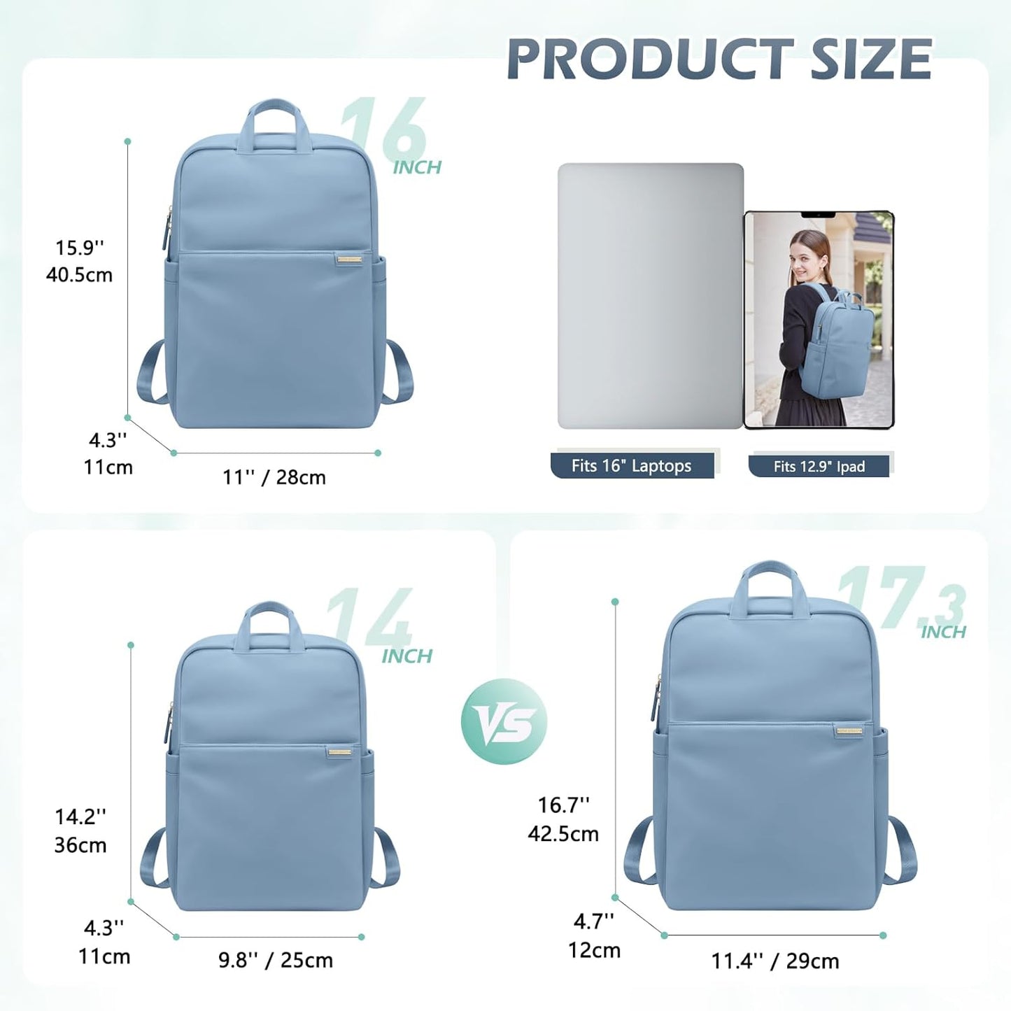Slim Laptop Backpack for Women, Lightweight Business Backpack for Women Computer Bag Purse for Commuting, Fit 16 Inch, Lake Blue