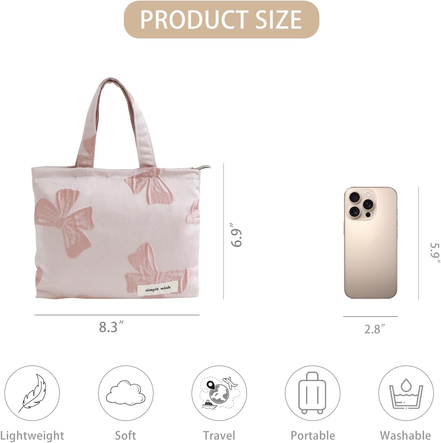 Wudygirl Makeup Bag Travel Cosmetic Bag for Women Small Makeup Pouch with Handle Zipper Cosmetic Pouch Handbag Aesthetic (Pink Bow)