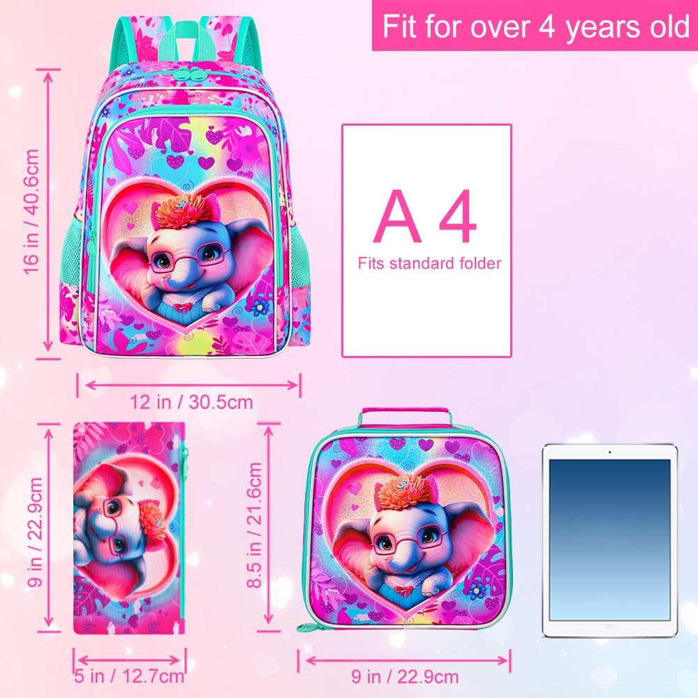 3PCS Girls Backpack, Kids Water Resistant Heart Bookbag Set with Lunch Box, Cute Kids School Bag for Preschool Toddler