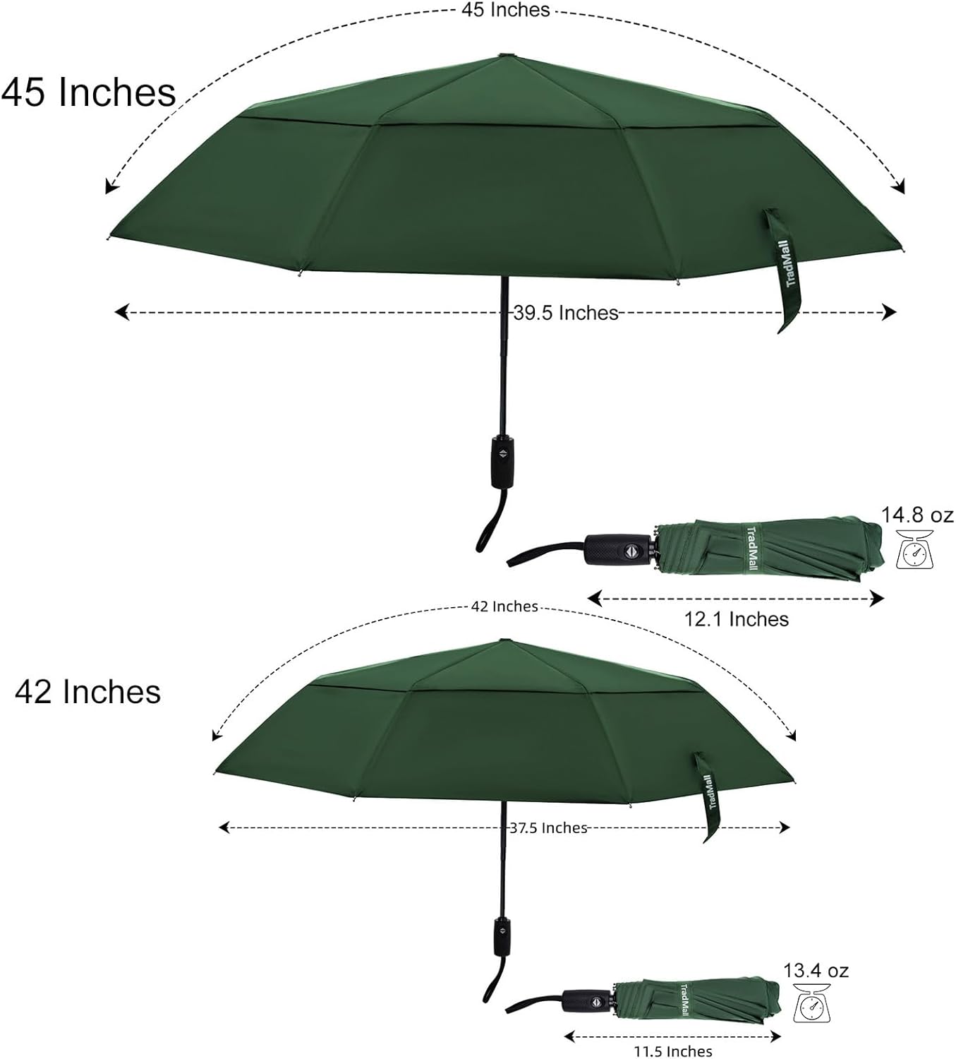 TradMall Travel Umbrella, 42/45 Inches Double Vented Canopy Windproof Automatic Strong Compact Folding Umbrellas for Rain Women and Men