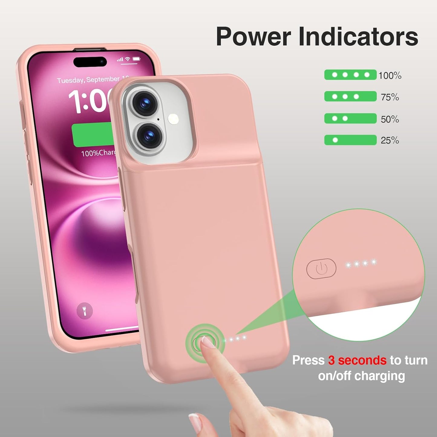 GIN FOXI Battery Case for iPhone 16/16e, Fast Charging Cases Charger 8500mAh Ultra-Slim Lightweight Rechargeable Battery Pack Anti-Fall TPU Powerful Juice Box for 16e/16 (6.1") Pink