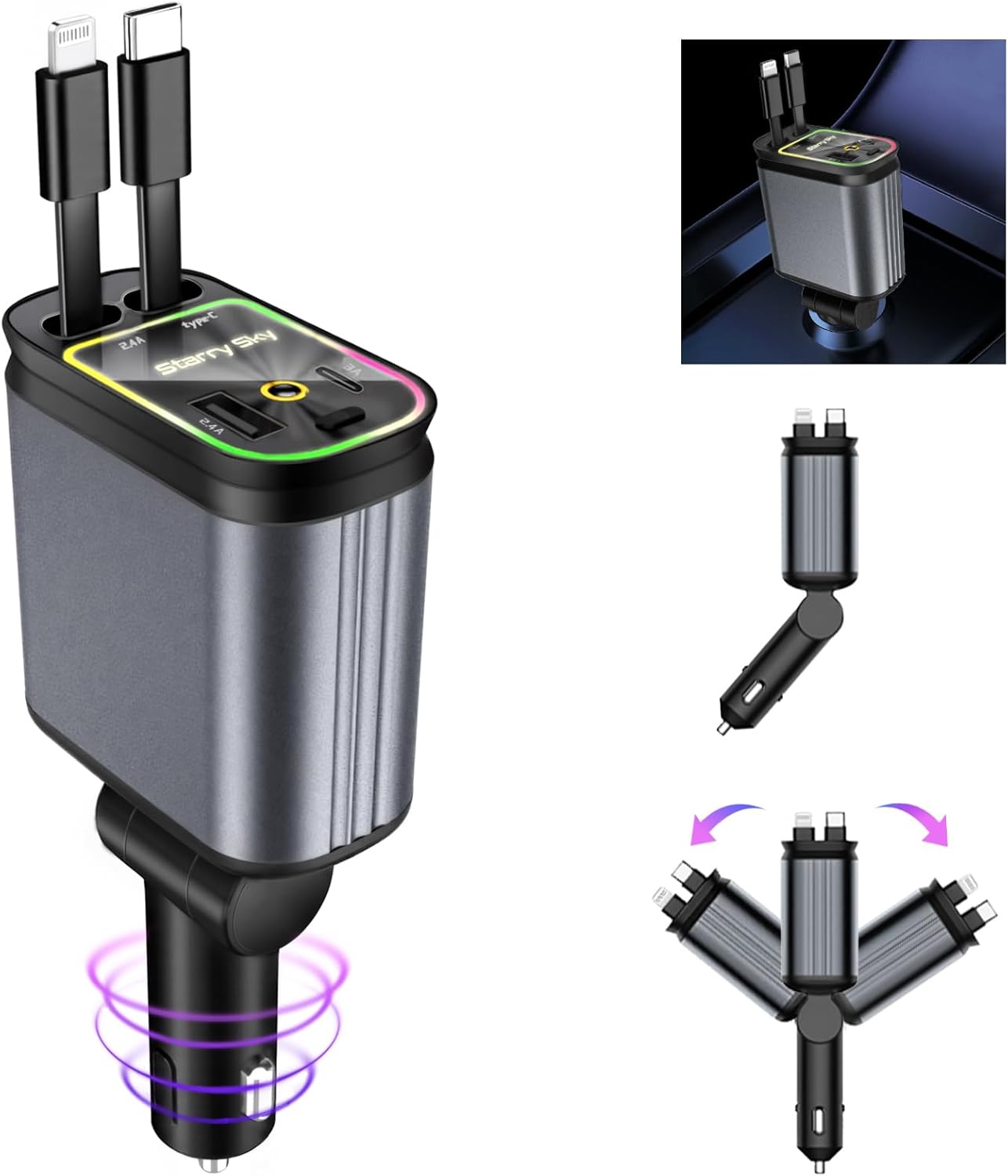 4 in 1 Retractable Car Charger Starlight Compatible with iPhone 16/15/14/13/12/11,Galaxy,Pixel