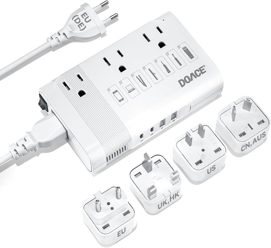 DOACE 220V to 110V Converter for European Travel - 350W Voltage Converter US to Europe with 4 QC+PD Chargers for Using U.S. Devices Abroad - Hair Straightener Shaver Toothbrush Laptop Camera Phone
