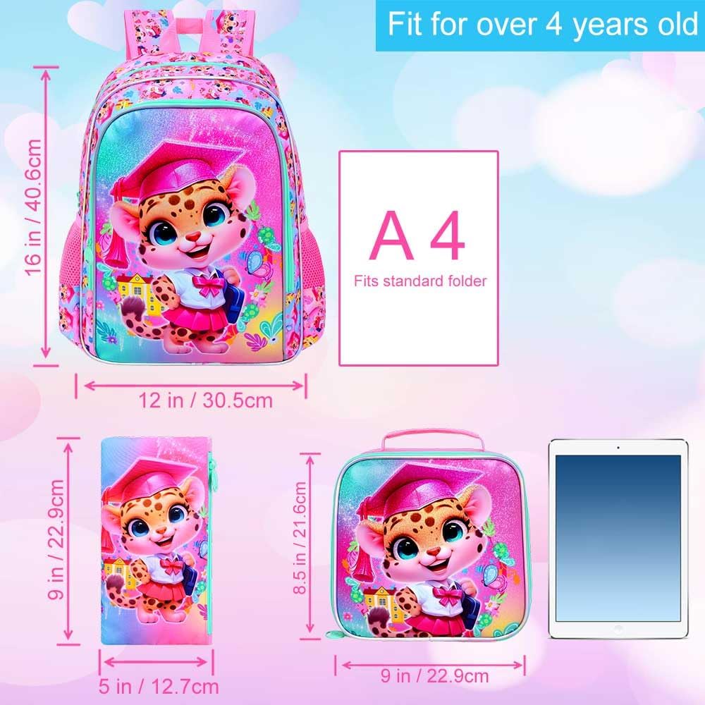 3PCS Leopard Bookbag for Girls, 16" Kids Backpack with Lunch Box, Water Resistant Elementary Prechool Toddler Shool Bag - Pink Dr. Leopard