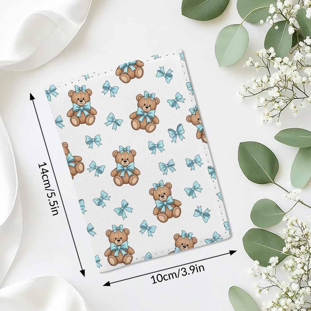 Teddy Bear Passport Holder for Travel Rag Doll with Blue Bow PU Leather Passport Cover Wallet Cute Passport Card Holder for Women and Men