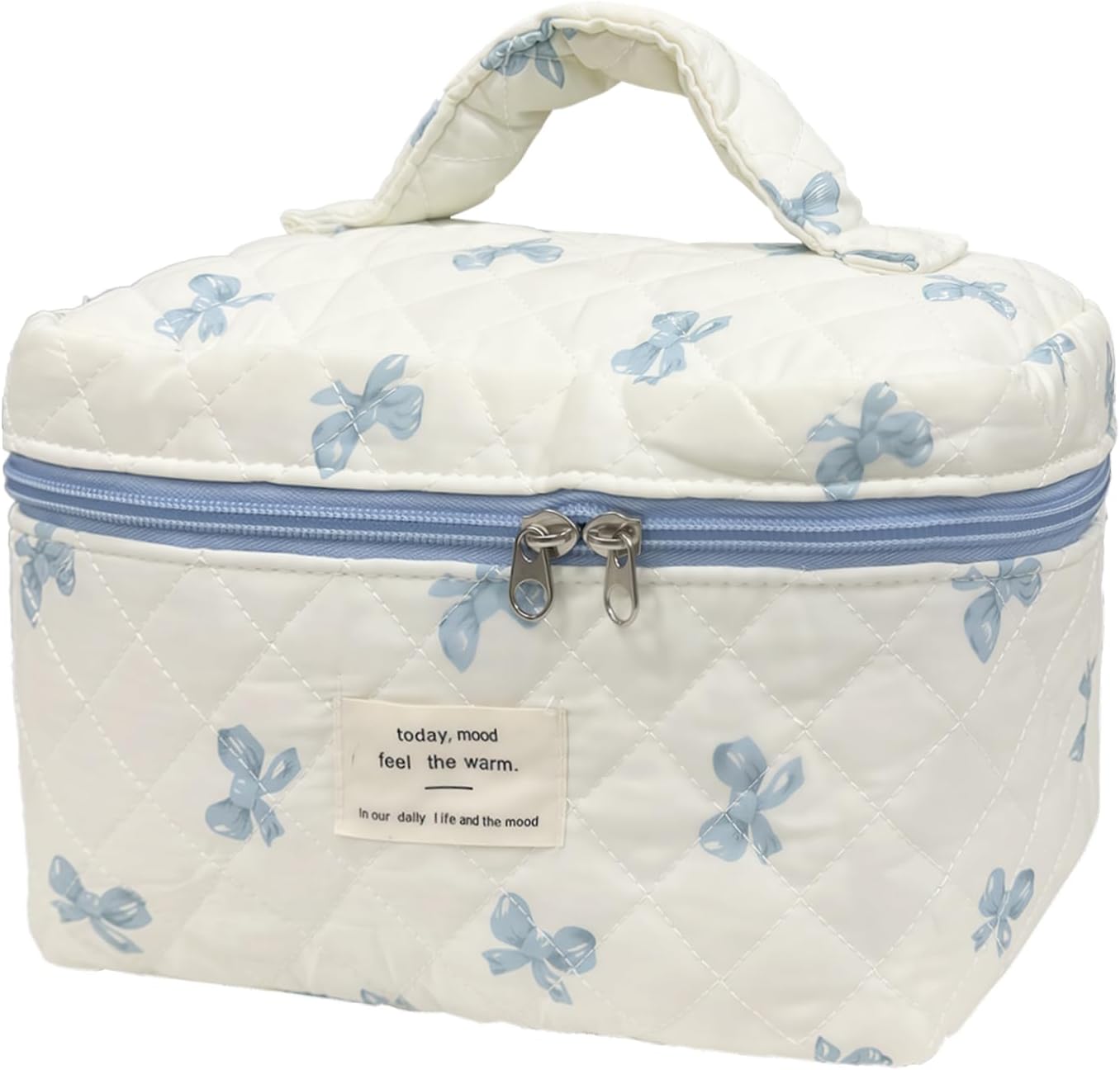 Quilted Makeup Bag, Large Capacity Travel Cosmetic Bag for Women and Girls, Aesthetic Storage for Daily and Travel Use (Bow Quilted)