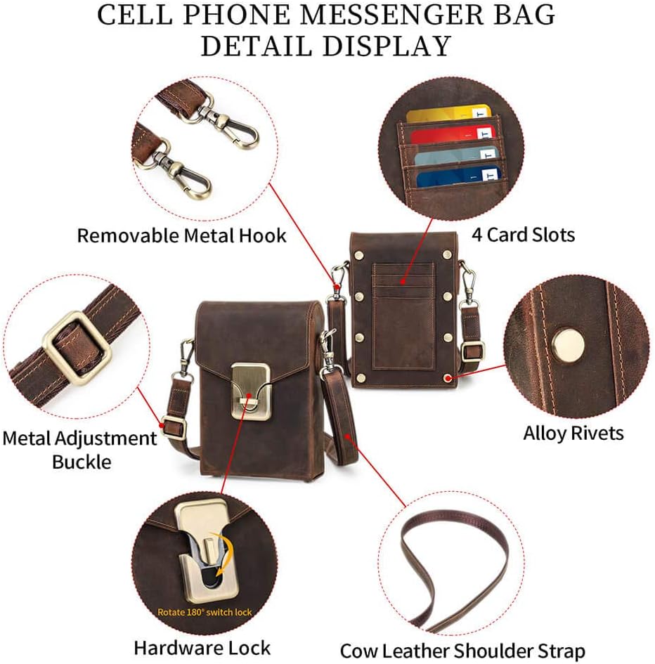 Hiram Genuine Leather Small Crossbody Bag for Men, Men's Crazy Horse Leather Phone Pouch, Small Messenger Bag for Men(Coffee)…