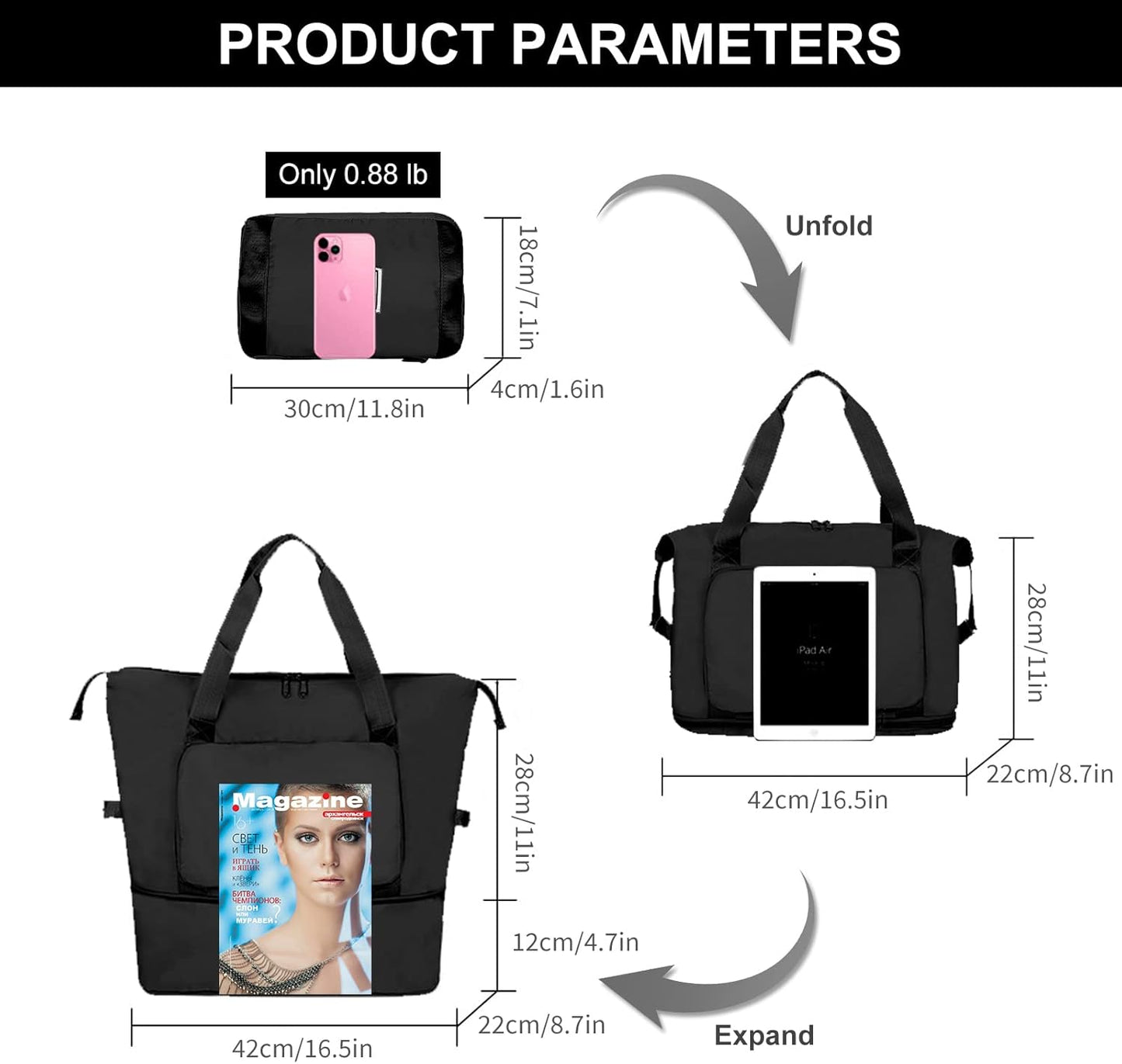 Large Capacity Folding Travel Tote Bag, Oxford Fabric Waterproof Lightweight Foldable Travel Duffel Bag, Portable Expandable Travel Bag, Dry and Wet Separation Carry On Bag for Airplanes