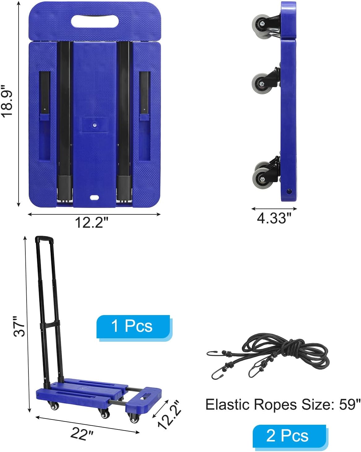 PATIKIL Folding Hand Truck, 440lb Heavy Luggage Cart Portable Duty Dolly for Moving Rubber Wheels & 2 Elastic Ropes Travel Shopping House Office Use, Black