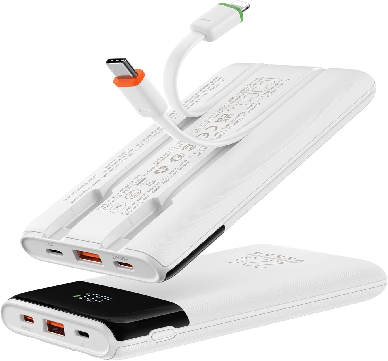 VEGER Portable Charger with Built in Cables, Slim 10000mAh PD 22.5W Fast Charging USB C Power Bank, 4 Outputs 3 Inputs Battery Pack Compatible with iPhone 16 15 14 13 Samsung iPad - Travel Essential