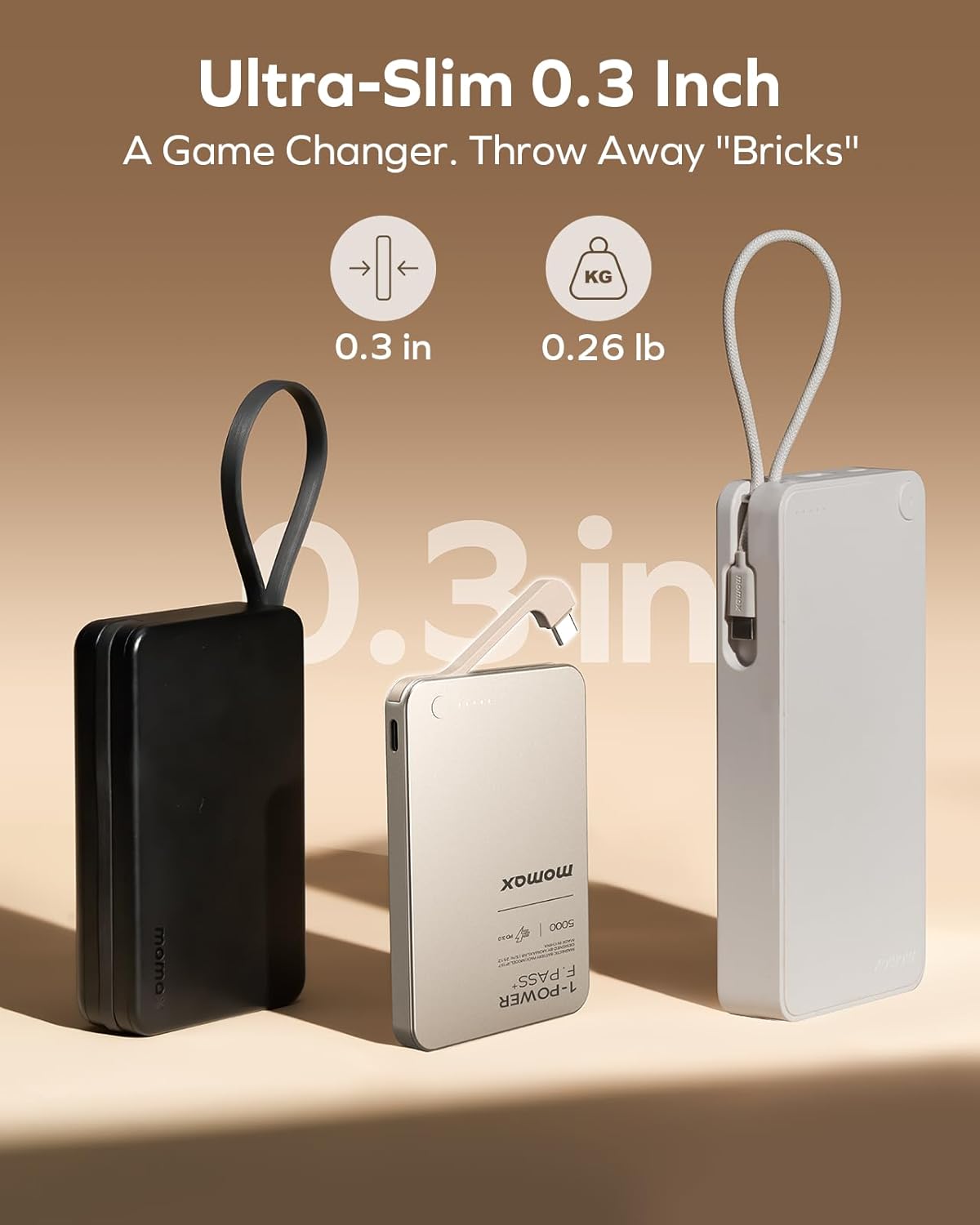 MOMAX Ultra-Slim 5000mAh Portable Power Bank with Built-in USB-C Cable, PD 20W Fast Charging Battery Pack for iPhone 17/16/15, iPhone air, Galaxy, Pixel (No Wireless,No Lighting)