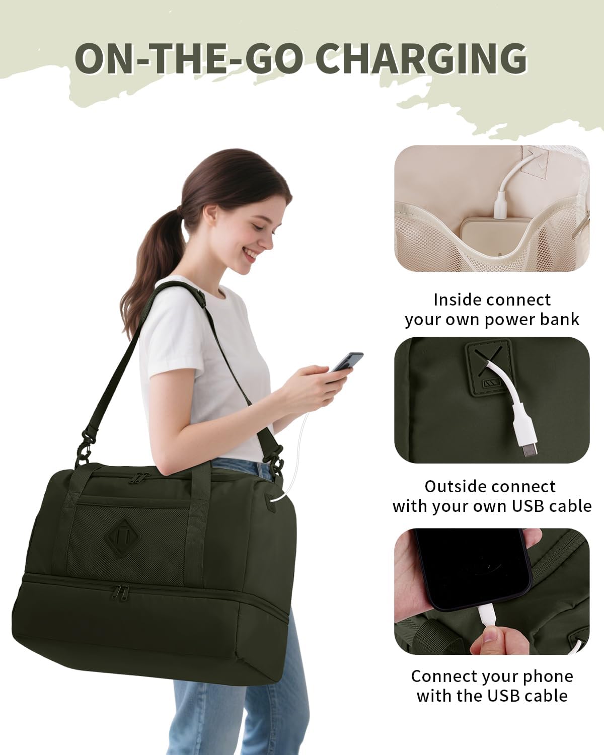 WANDF Travel Duffel Bag with Wet Pocket & Shoe Compartment, 18x14x8 Personal Item Bag with USB Charging Port, Water-Resistant Gym Weekender Overnight Carry-on for Women Men (Army Green)