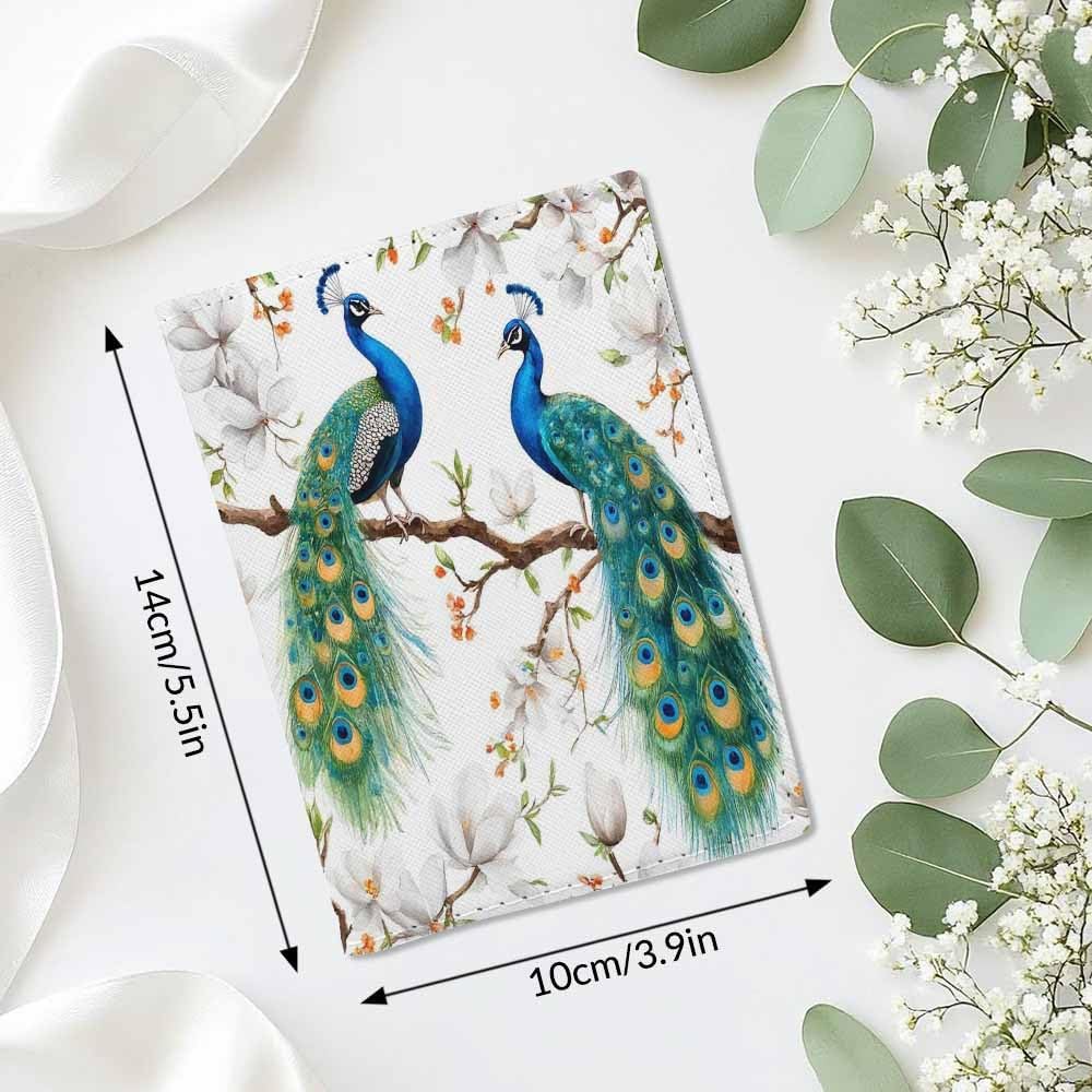 Peacock Passport Holder for Travel Blooming Flower Trees Magnolia PU Leather Passport Cover Wallet Cute Passport Card Holder for Women and Men
