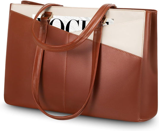 LOVEVOOK Laptop Bag for Women 15.6 Inch Tote Bags Waterproof Leather Briefcase Computer Women Business Office Work Bag,Brown-White