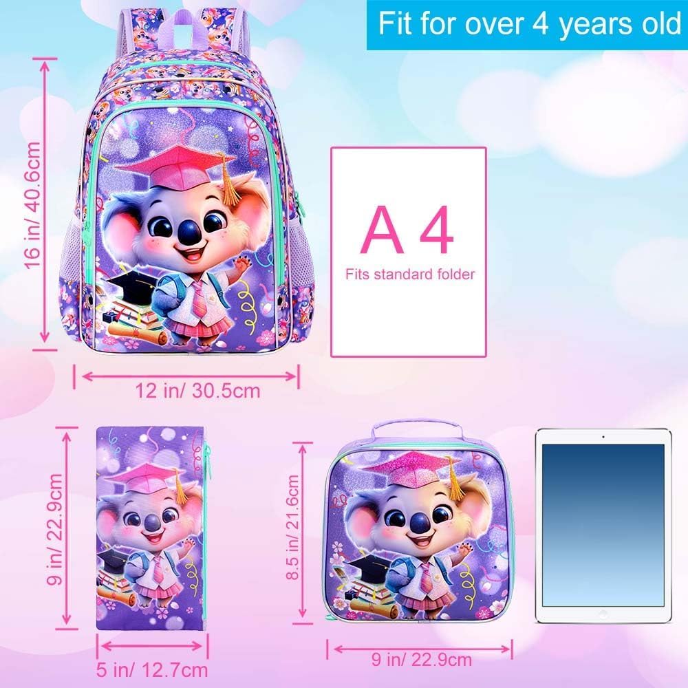 3PCS Koala Bookbag for Girls, 16" Kids Backpack with Lunch Box, Water Resistant Elementary Prechool Toddler Shool Bag - Purple Dr. Koala
