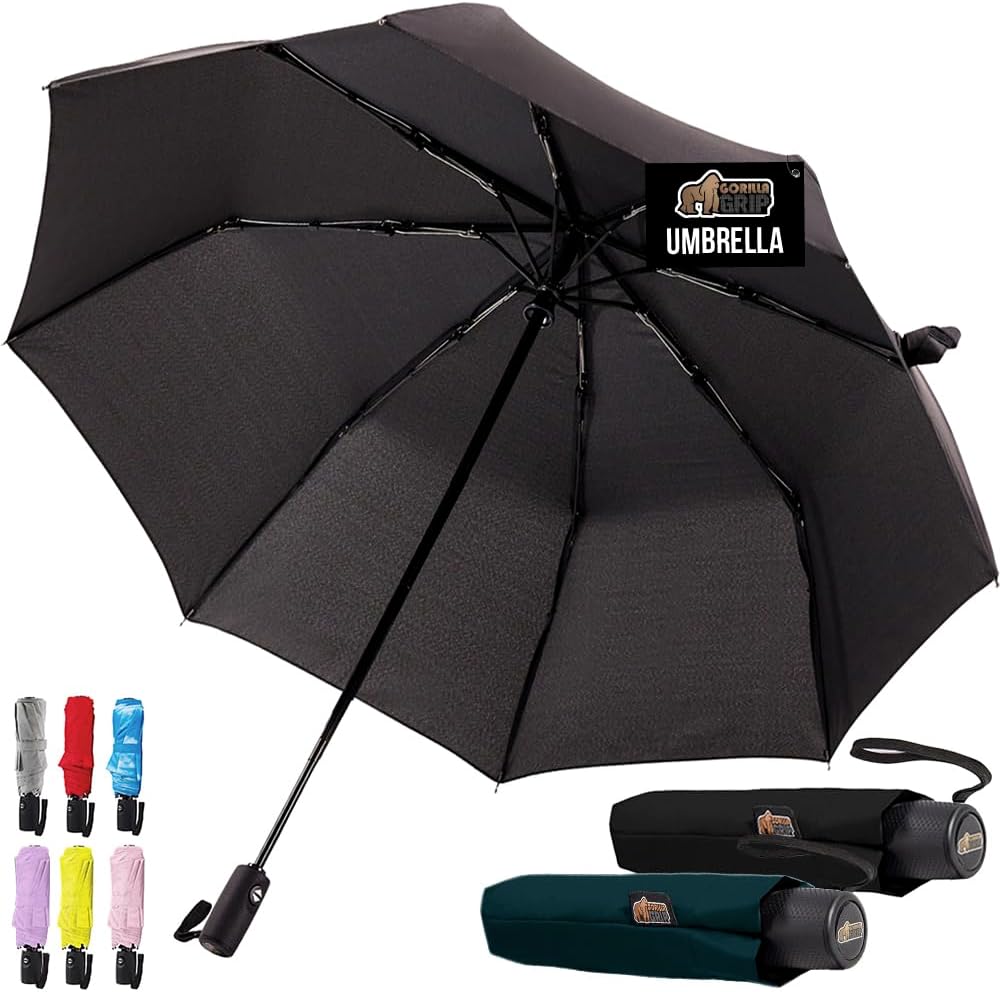 GORILLA GRIP Strong Windproof Stick Compact Umbrella for Rain, 2 PK, One-Click Automatic Open