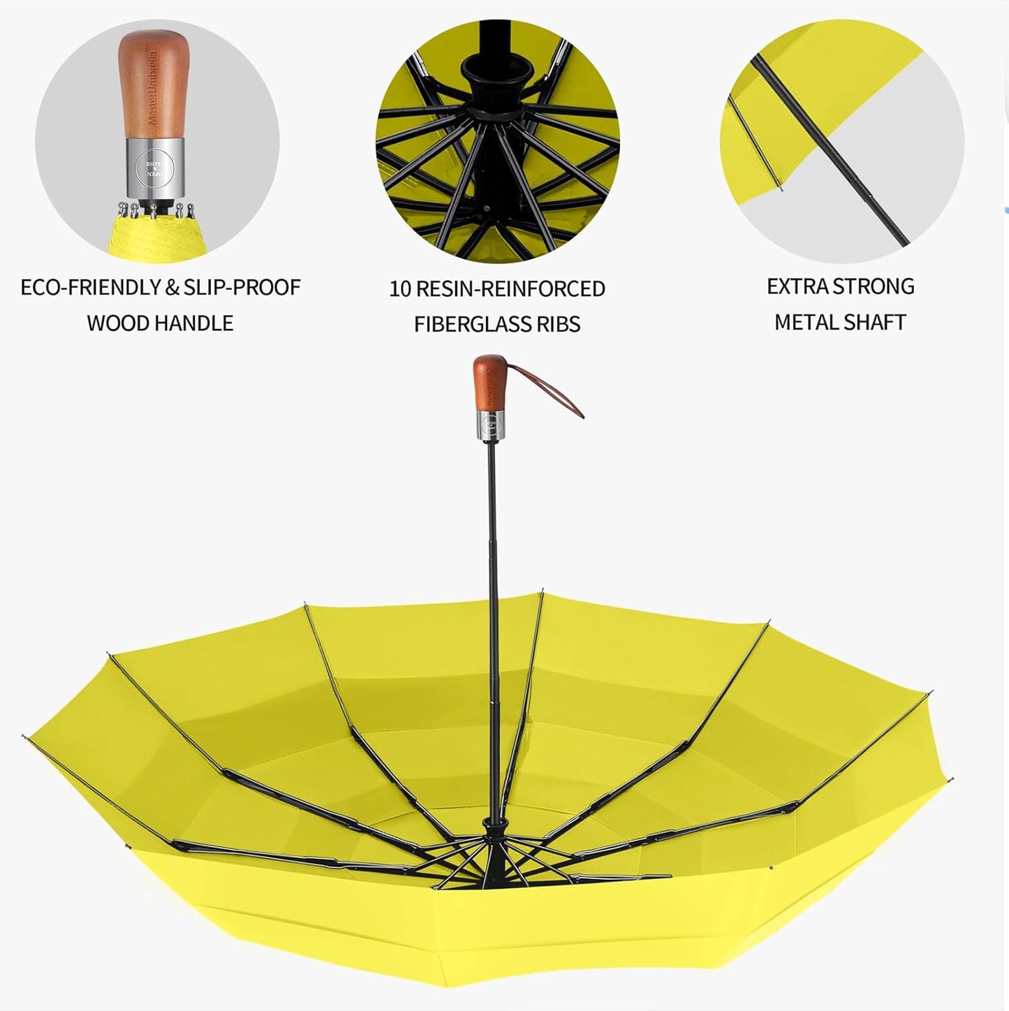 Umbrellas for Rain, Heavy-Duty Windproof Travel Umbrella — Auto Open/Close, Vented Triple-Layer Canopy, 10 Fiberglass Ribs, Folding Design, Large Coverage, Wooden Handle