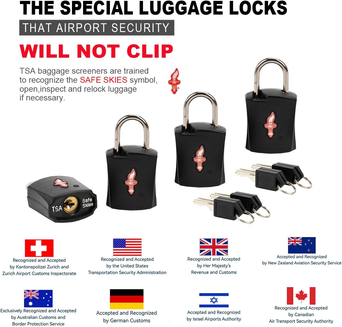 4 Pack Black TSA Approved Luggage Lock for Suitcases, Carry-On Bags, Backpacks & Laptop Cases