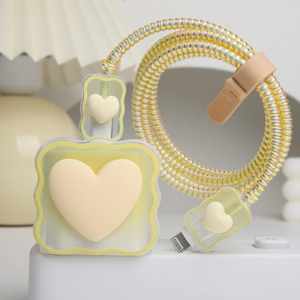 Compatible with iPhone 18W/20W USB-C Charger Cover Lovely 3D Love Heart Waves Clear Soft Charger Protector Cute Cable Saver for iPhone 11 12 13 14 Pro Max Fast Power Adapter, Beige 1 (5in1)