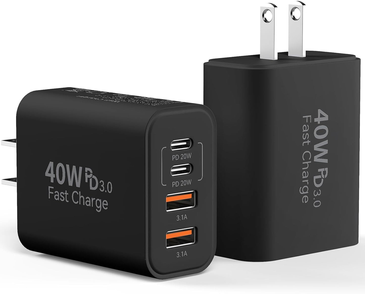 USB C Wall Charger Block, 2-Pack 40W 4-Port Fast Charging Block PD Power Adapter +QC 3.0 USB A Wall Plug Multiport Type C Box Cube for Phone 15/14/13/12/11 Pro Max, Galaxy, Pixel