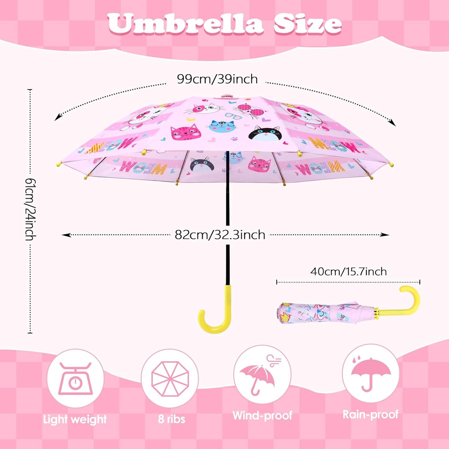 Kids Umbrella, Safety Windproof Umbrella with Easy-Grip Hook Handle for Toddler Girls and Boys