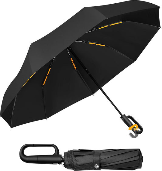 Compact Automatic Windproof Sturdy Folding Umbrella with handle hook Can be used in rain and sun (UPF 50+), 10 Bones and 20 Reinforcements, Portable car umbrella with automatic on/off switch、 weighs approx. 1 lb.