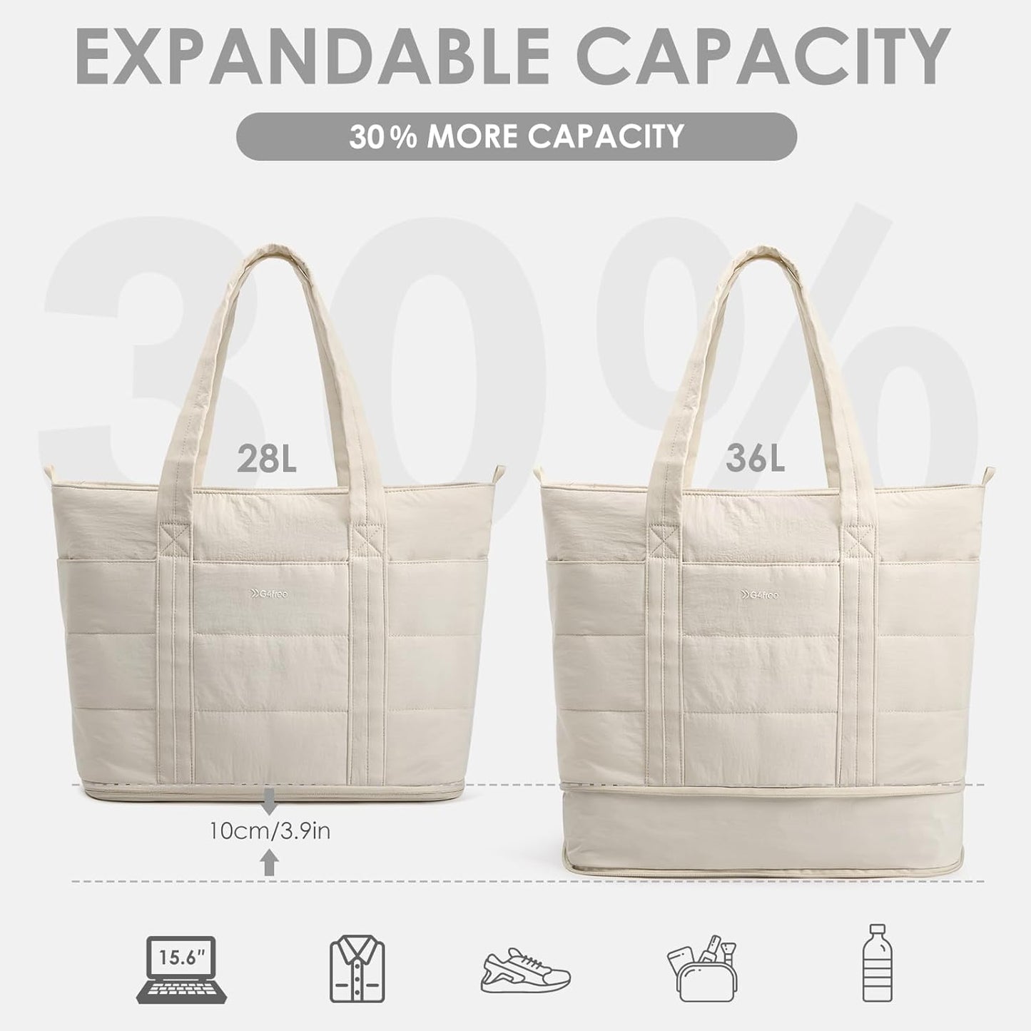 G4Free Tote Bag for Women,Puffer Work Bags with Zipper Compartments, Expandable Handbag for Travel Work Sport