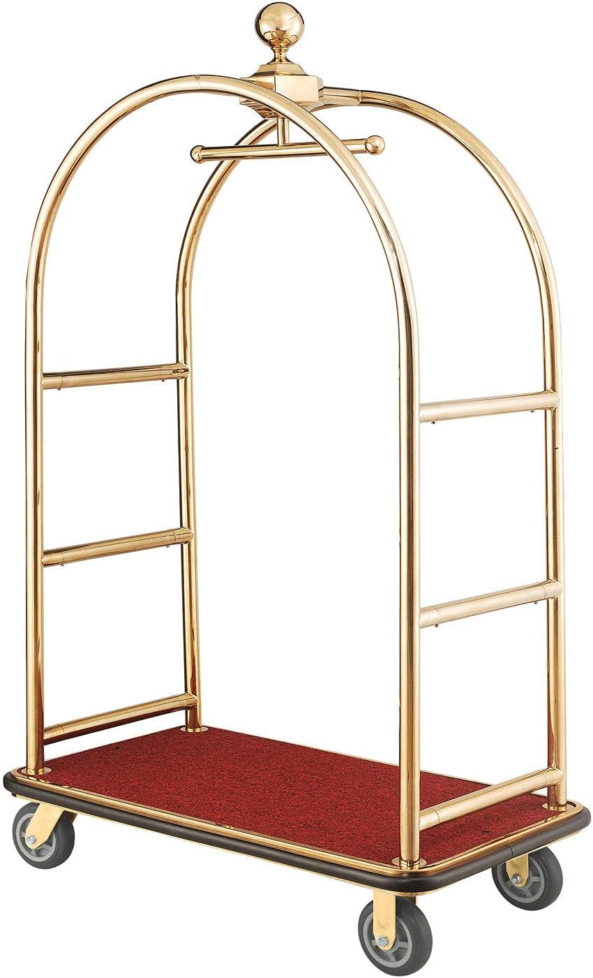 Global Industrial Gold Stainless Steel Bellman Cart Curved Uprights 6" Rubber Casters, 41-1/4"L x 24" W x 73" H, Hotel Luggage Cart for Commercial Use, Condos, Resorts