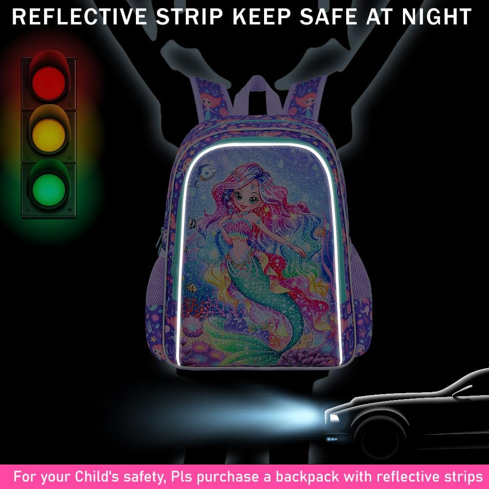 3PCS Girls Mermaid Backpack, Water Resistant Kids Bookbag Set with Lunch Box，Cute Elementary School