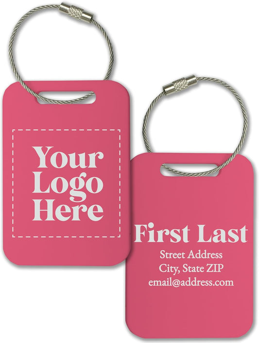 Personalized Logo Name Tag for Luggage (3 or 6 Count Pack) | Custom Tag for Suitcase | Acrylic Name Tag for Travel | Choose Your Font & Color | Backpack ID Label (Logo, Pink)