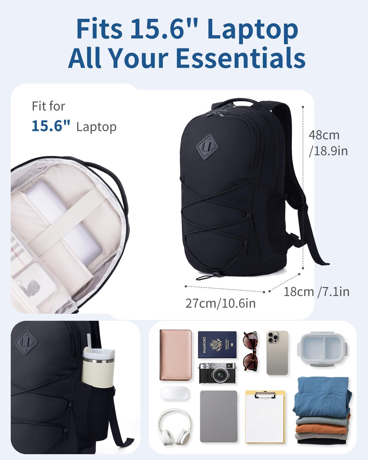 WANDF 15.6-Inch Laptop Backpack for Women, Travel Backpack Water-Resistant Lightweight College Backpack for Work Casual Business Weekender (Black)