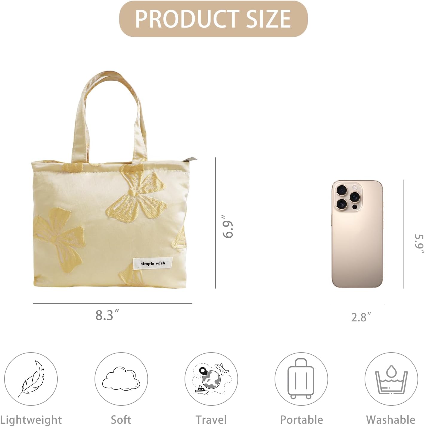 Wudygirl Makeup Bag Travel Cosmetic Bag for Women Small Makeup Pouch with Handle Zipper Cosmetic Pouch Handbag Aesthetic (Yellow Bow)