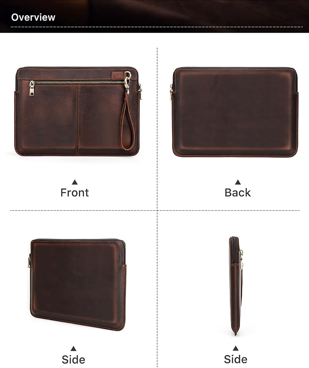 Top Grain Leather 14.2" Laptop Case Bag, Zip Pockets Design, Compatible with MacBook Air 13" M2 A2681 M1 A2337 A2179 A1932/Pro 13" M2 M1 A2338 A2251 A2289 A2159 A1989 A1706, Coffee 14.2 Inch