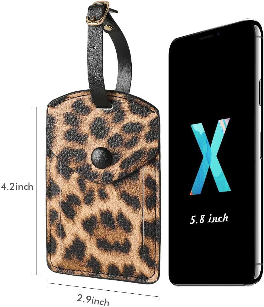 Kevancho Leather Luggage Tags for Men Women, Suitcase Labels Baggage Bag Tag ID Tags with Full Back Privacy Cover for Cruise Ships, Travel Accessories Tags Set (Leopard)
