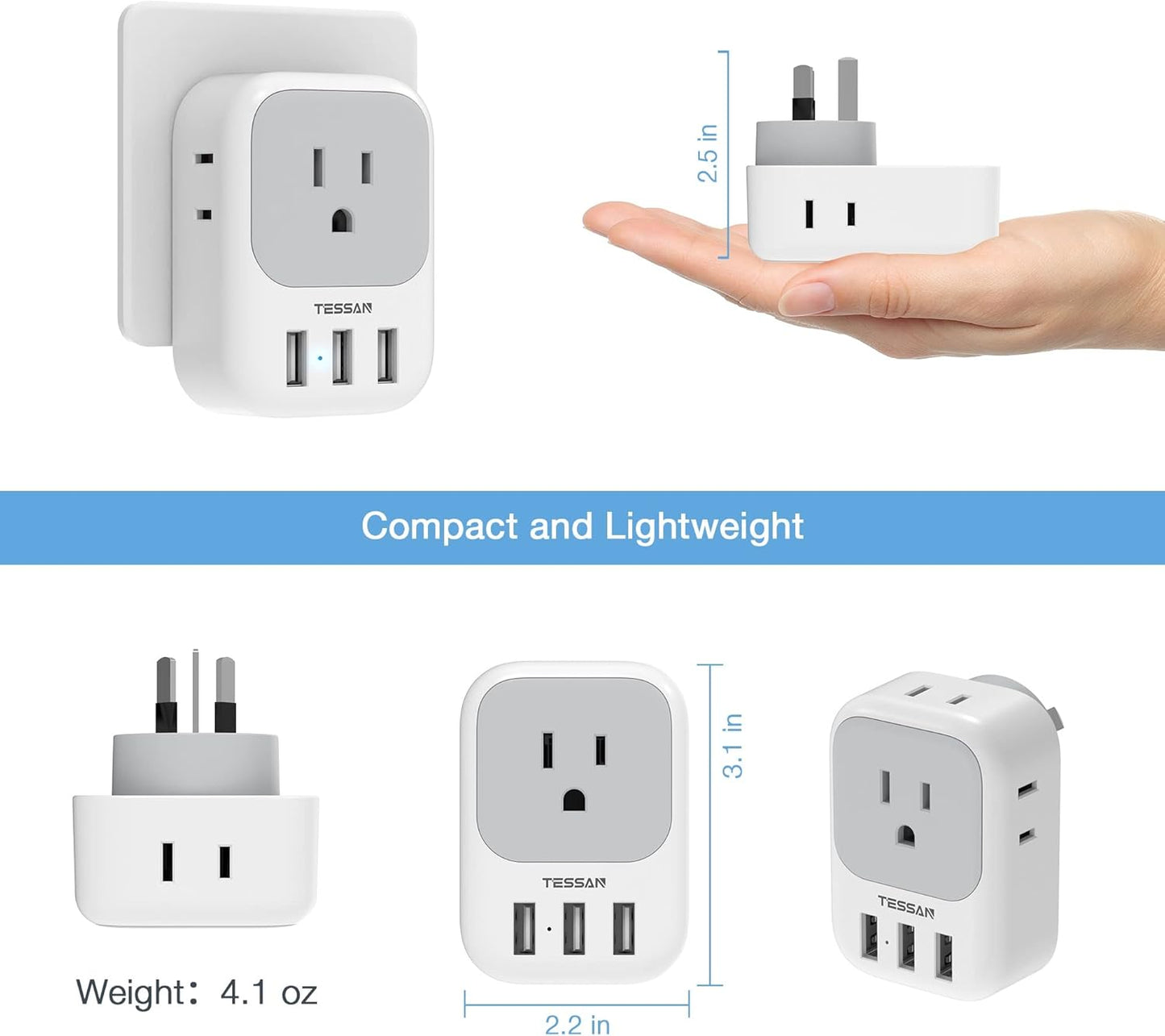 TESSAN Australia Power Plug Adapter, US to New Zealand Power Adapter with 4 American Outlets 3 USB Charger, Type I Travel Adaptor for USA to Australian, China, AU, Argentina, Fiji, Cook Islands, Samoa