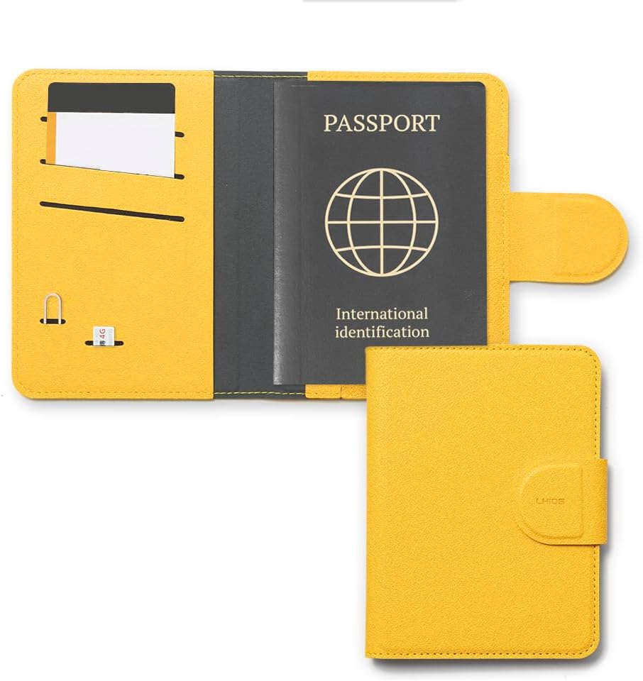 LHiDS Leatherette Passport Holder with RFID Protection, Premium PU Leather, Snap Button Closure, Travel Passport Wallet Cover for Passport, Boarding Passes, Business Cards, Cash (Yellow)