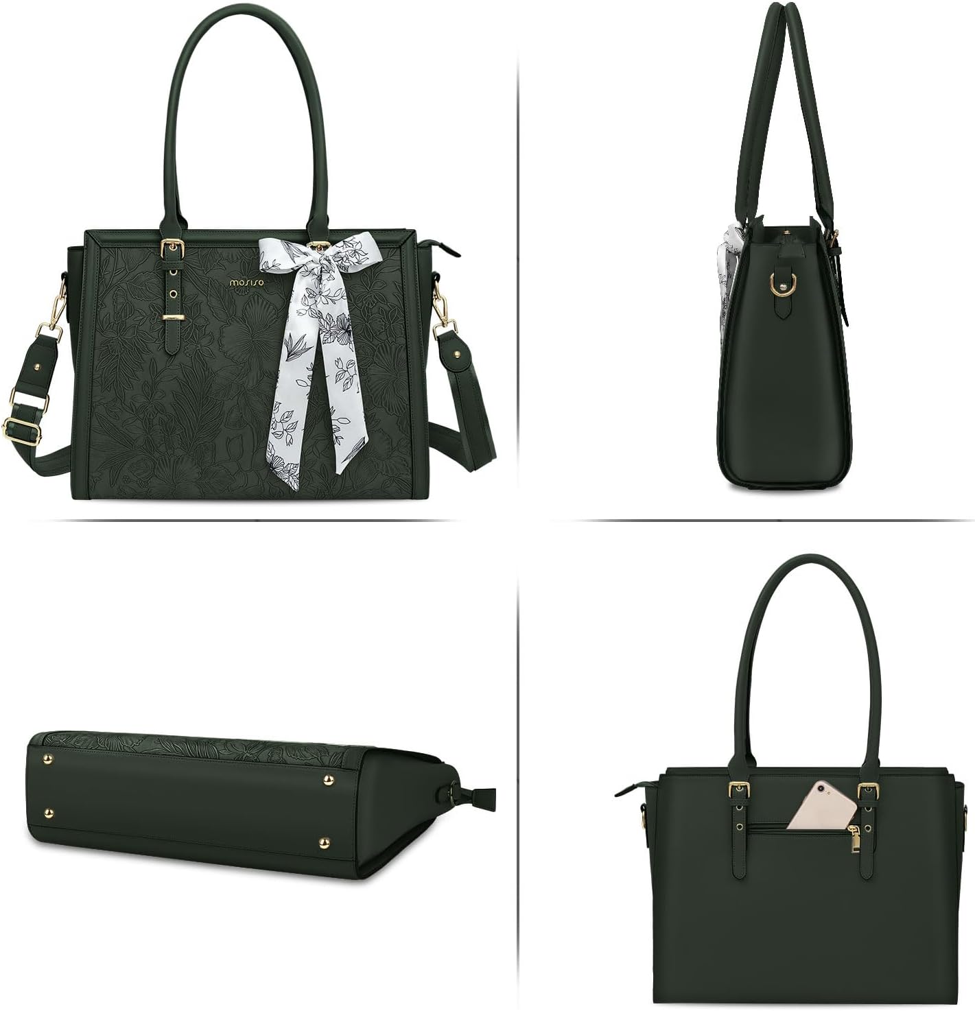 MOSISO Laptop Bag for Women, PU Leather Tote Bag, Front Embossed Retro Hibiscus Computer Bags with Silk Scarf&Clutch Purse