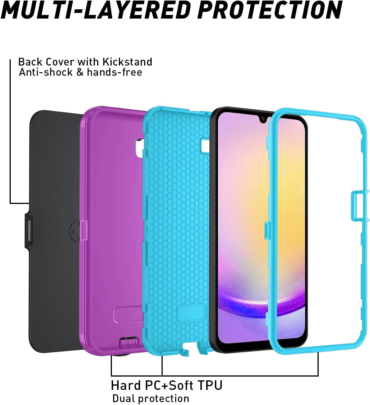 FOR Samsung Galaxy A17 5G case,A16 5G Heavy Duty case,with A Tempered Glass Screen Protector, [Military Grade Protective ] [Shockproof] [Dropproof] [Dust-Proof] (with Belt Clip-Purple Sky Blue)