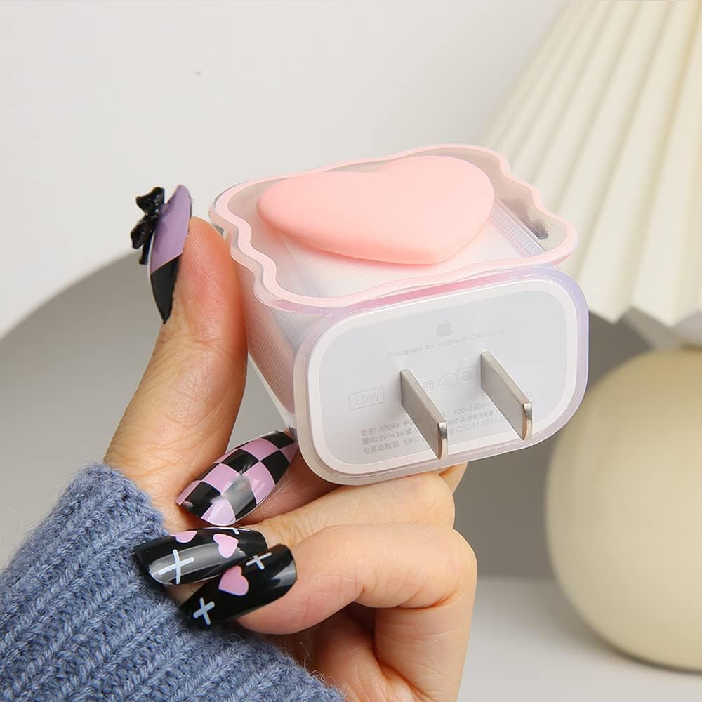 Compatible with iPhone 18W/20W USB-C Charger Cover Lovely 3D Love Heart Waves Clear Soft Charger Protector Cute Cable Saver for iPhone 11 12 13 14 Pro Max Fast Power Adapter, Pink 1 (5in1)