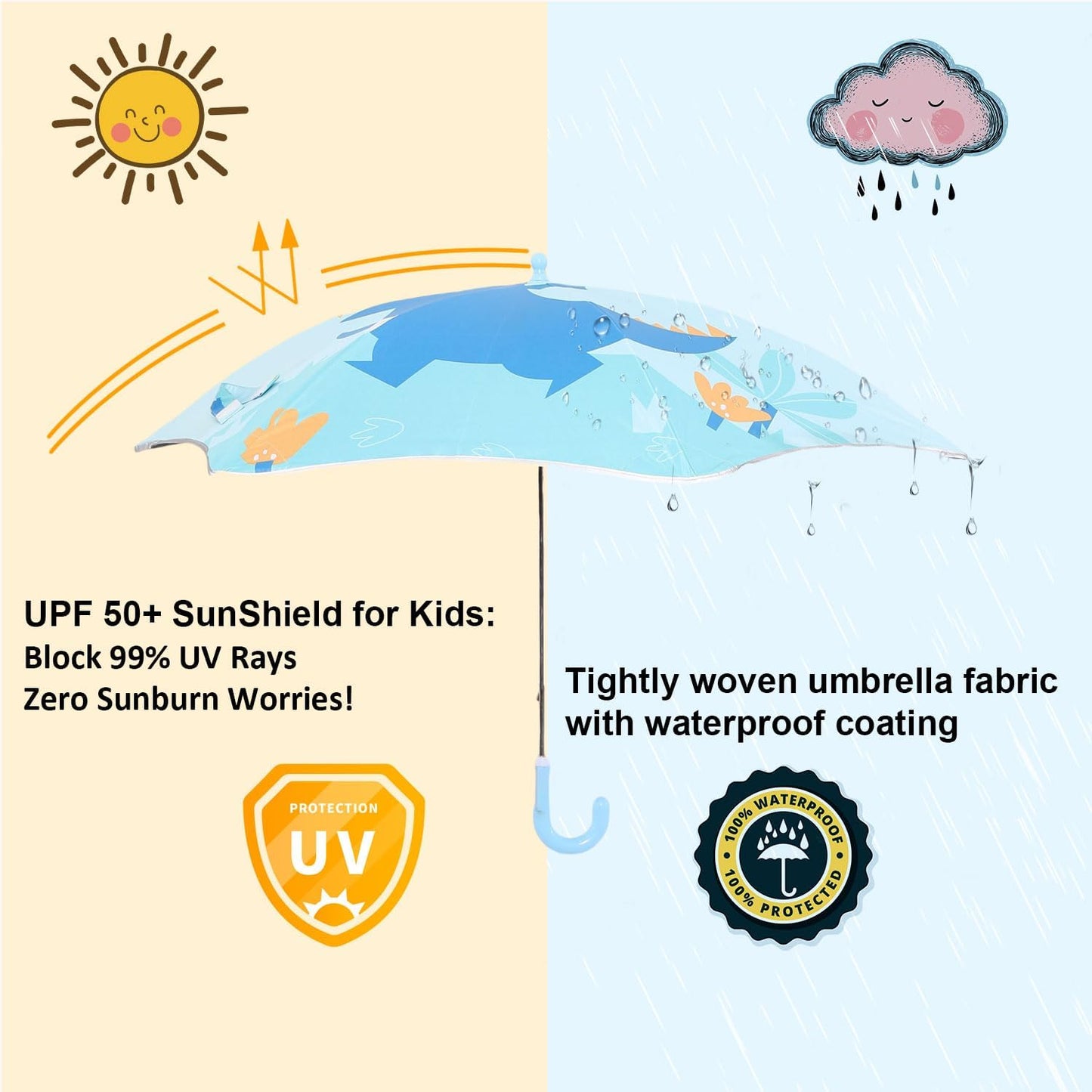 Kids UV and Rain Umbrella Sun Protection With Round Edges for Boys Girls Toddlers Easy Grp Curved Handle Stick Umbrella with Reflective Strip