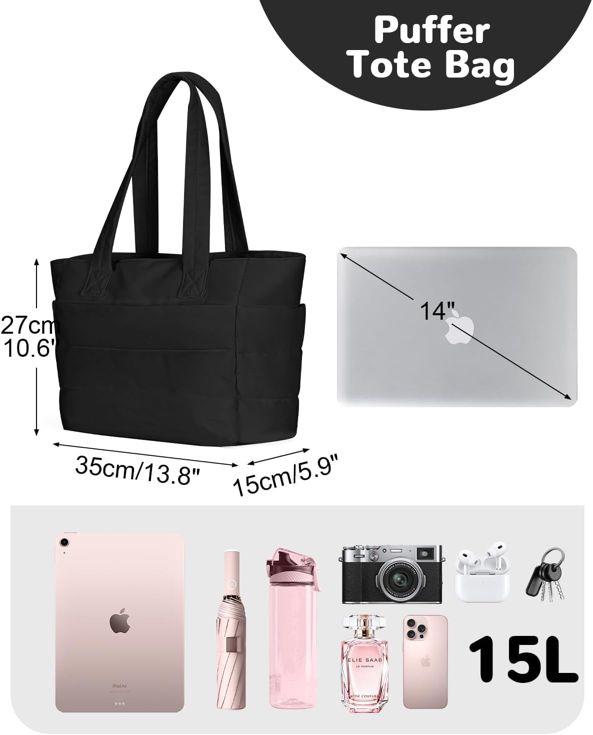 Puffer Tote Bag with Zipper for Women, Lightweight Quilted Handbag with Laptop Compartment for Work Nurse