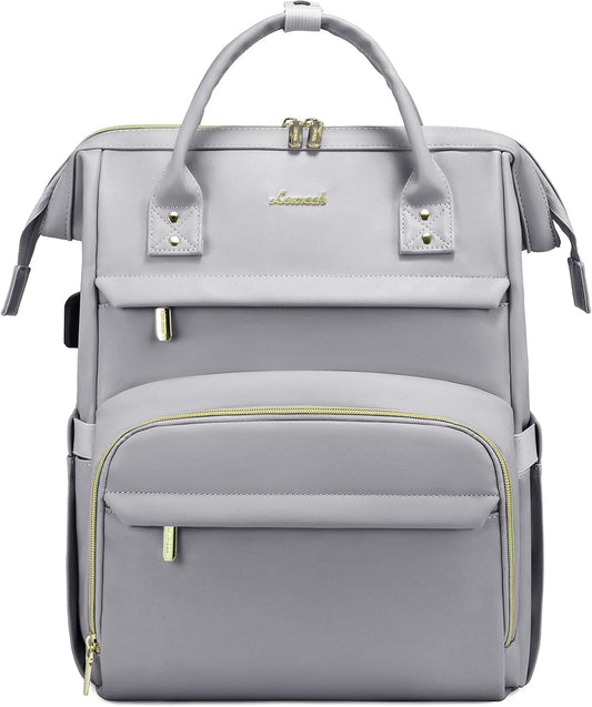 LOVEVOOK Leather Laptop Backpack for Women 15.6 inch,Travel Backpack Purse Nurse Teacher Backpack Computer Laptop Bag,Professional College Business Work Carry On Backpack with USB Port,Elephant Grey