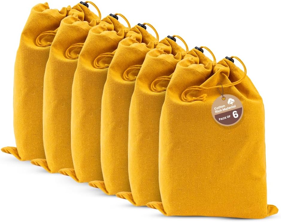 LFH Cotton Rich Shoe Storage Bags with Drawstring, Dustproof Breathable Reusable Organizer, Perfect For Travel, Dorm, Hotel, College, Gym, Easy to Carry, Machine Washable 8"x17" (Pack of 6) - Golden