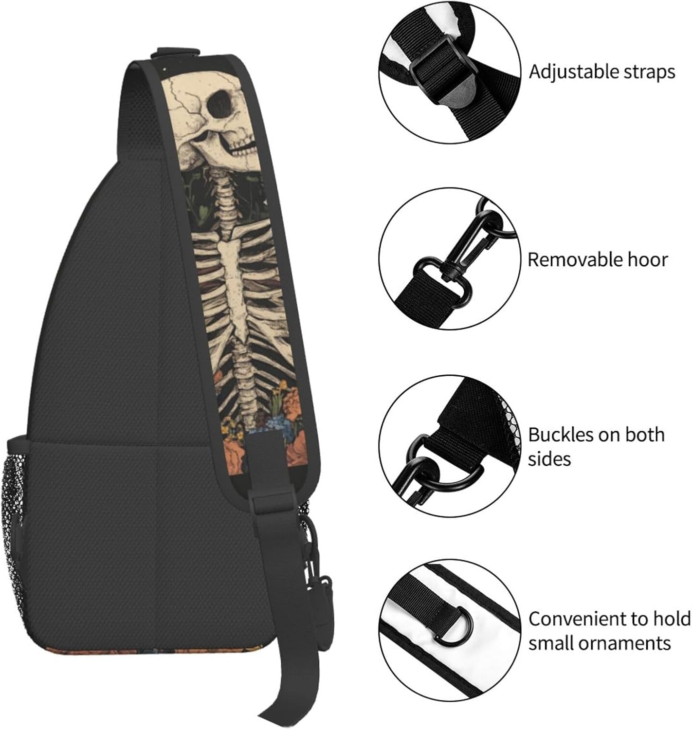 SUPLUCHOM Sling Bag Skeleton Flower Skull Vintage Hiking Daypack Crossbody Shoulder Backpack Travel Chest Pack for Men Women