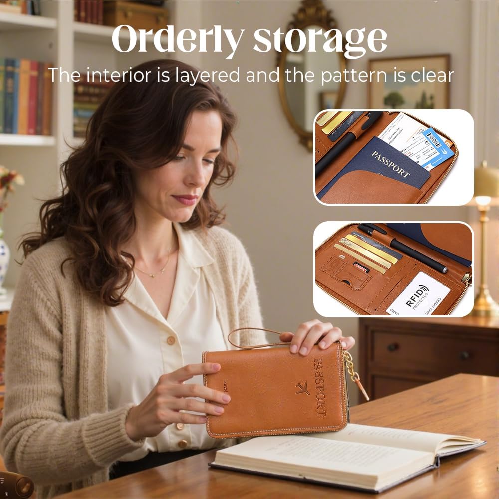 RFID Passport Holder for Wallet,RFID Blocking Document Organizer Clutch Bag, Credit Cards Case Cover Travel Wallet (Brown)