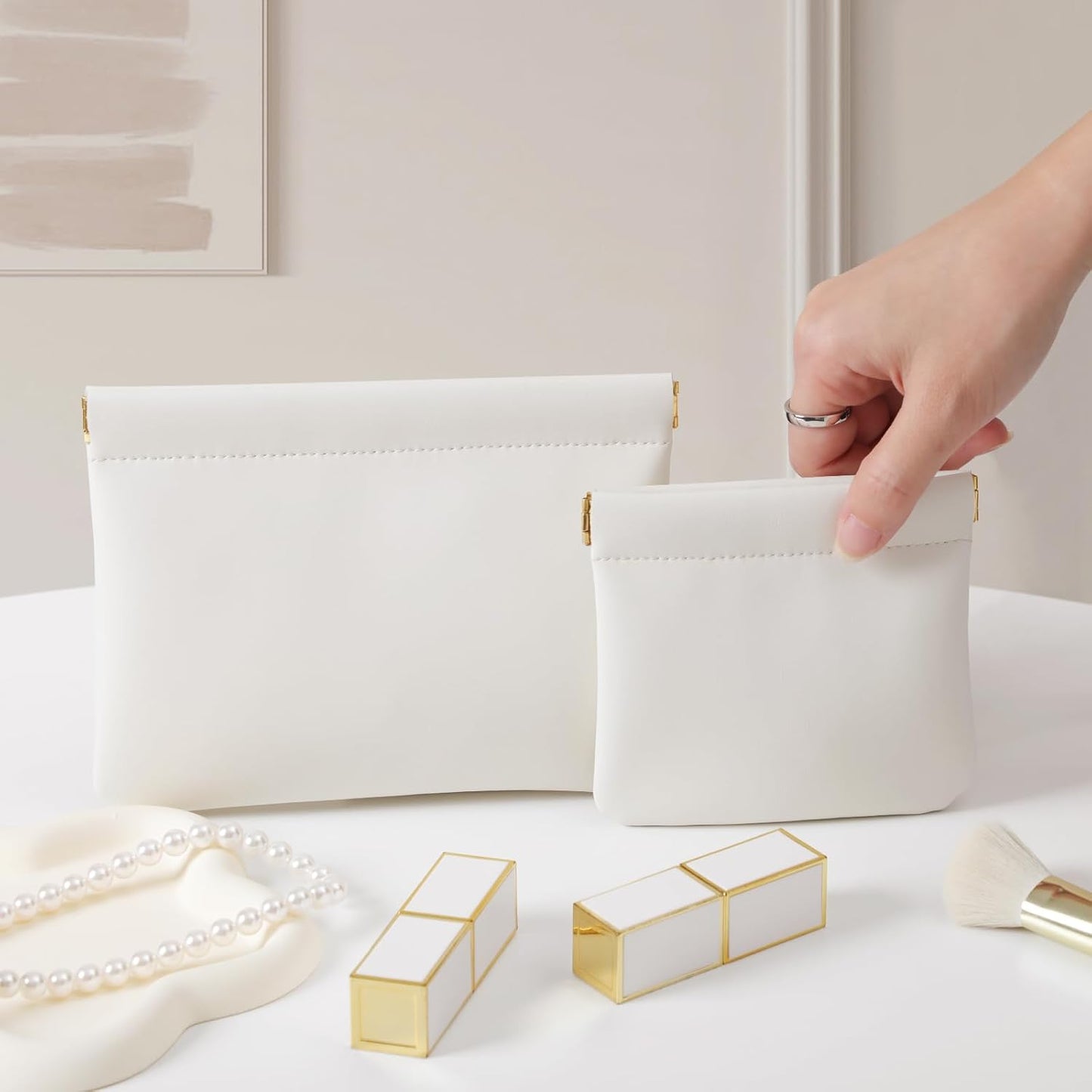 2 Pack Small Makeup Bag for Women, New Organosilicon Super Fiber Leather Mini Cosmetic Bag for Travel, Coin Purse Organizer Storage Pouch (Cream-white)