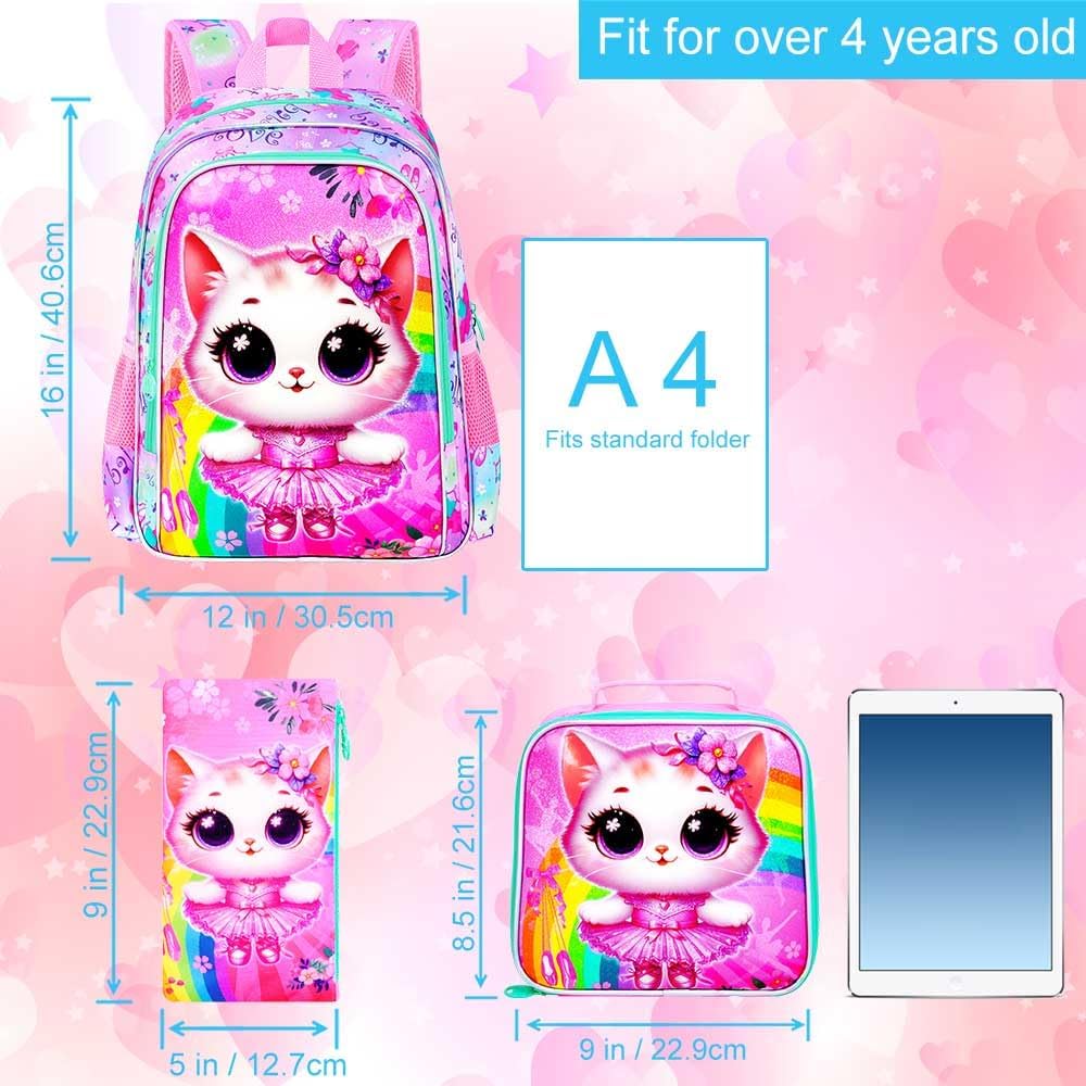 CCJPX 3PCS Cat Backpack for Girls, 16”Kids Ballet Preschool Bookbag with Lunch Box, Cute Ballet Water Resistant School Bag for Elementary Kindergarten Toddler