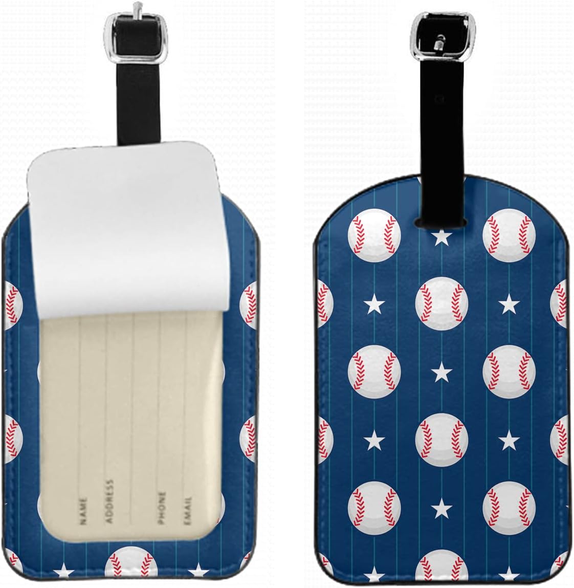Baseball Patterns Sports Leather Luggage Travel Bag Tags Vertical Striped Stars Blue Luggage Tag Holder Name ID Labels Set for Men Women, 1 Pack