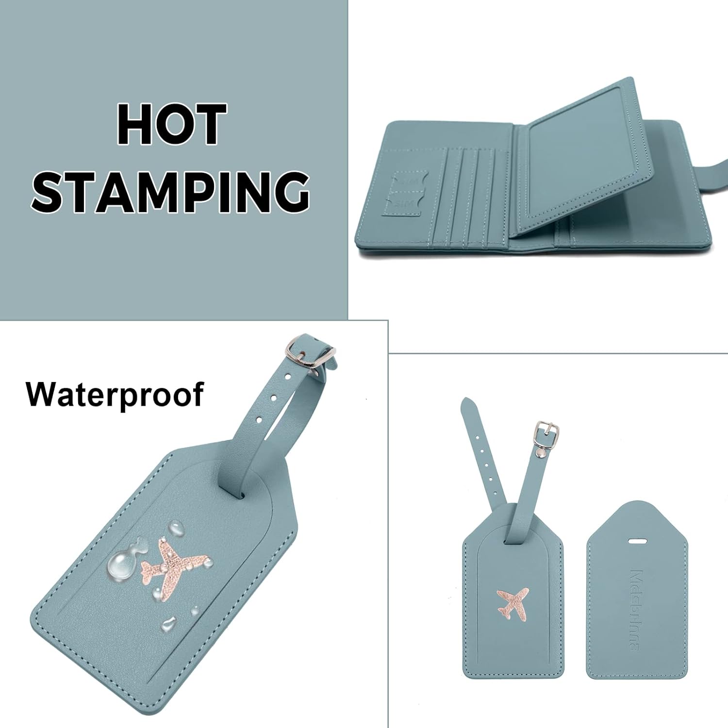 Real Leather Wallet RFID Passport Holder with Suitcase Tag Set Card Slots (Blue)